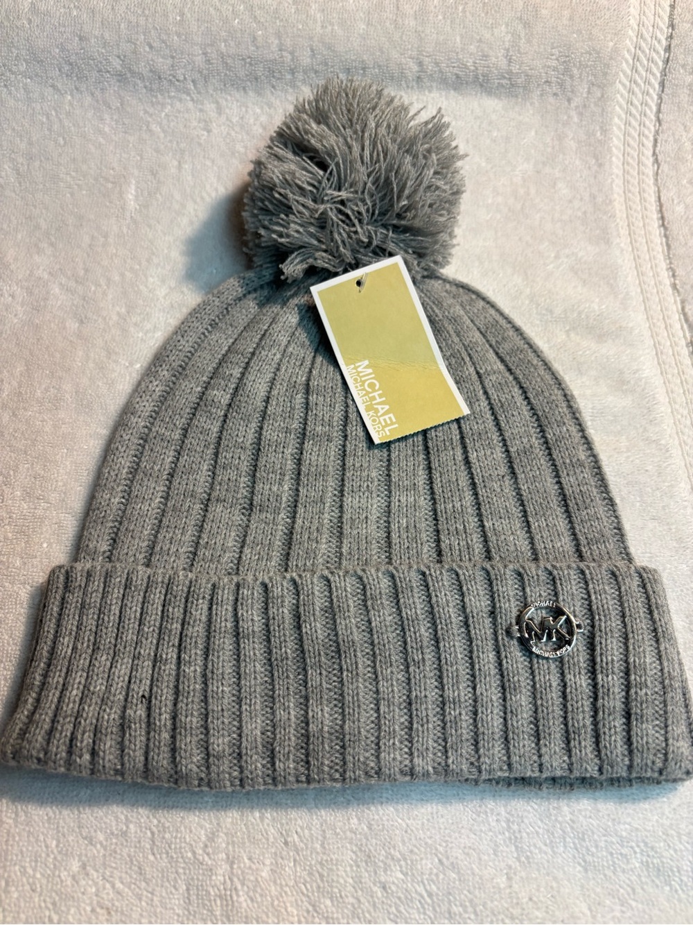Michael Kors Light Gray Ribbed Pom Pom Beanie